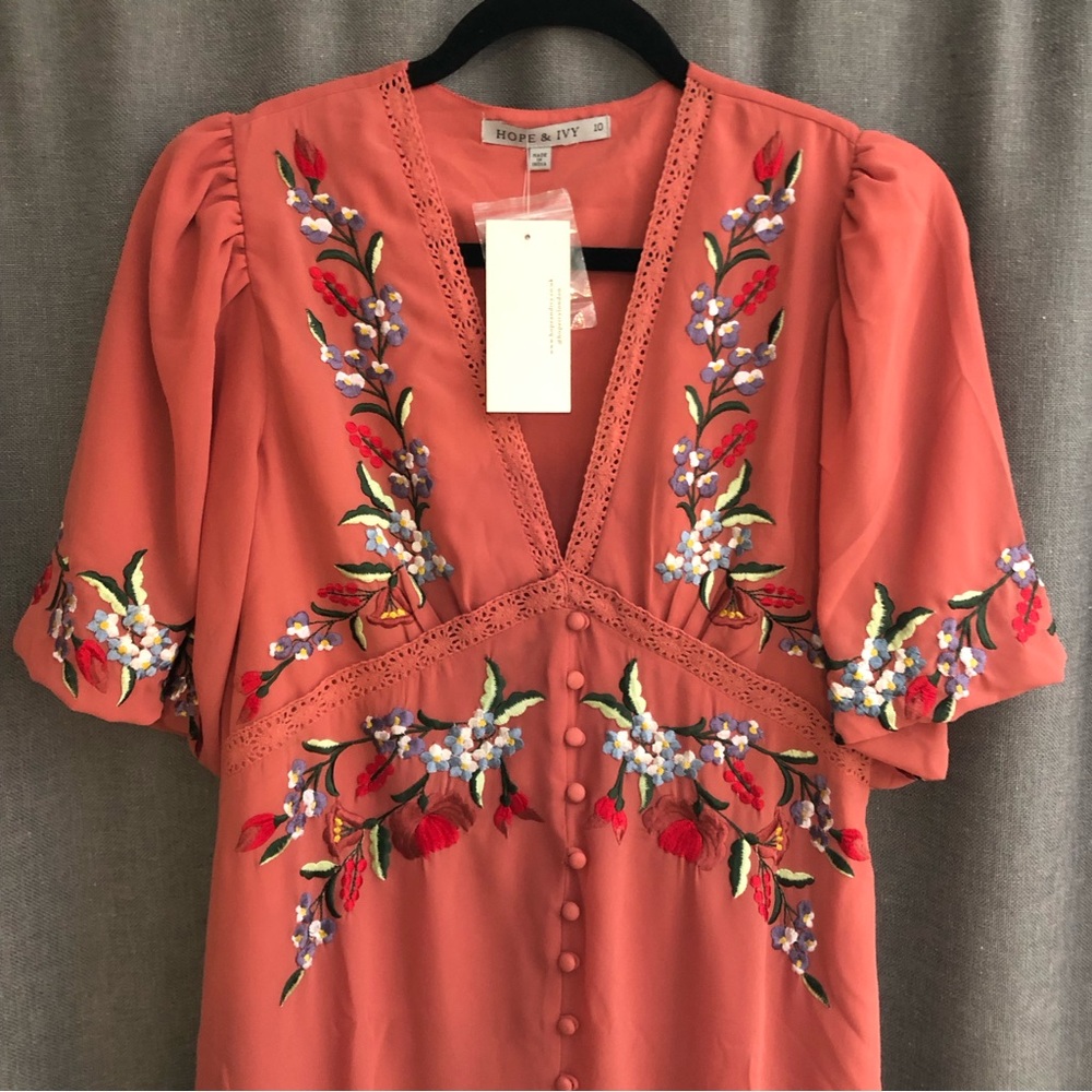 Hope & Ivy puff sleeve embroidered midi tea dress in clay red